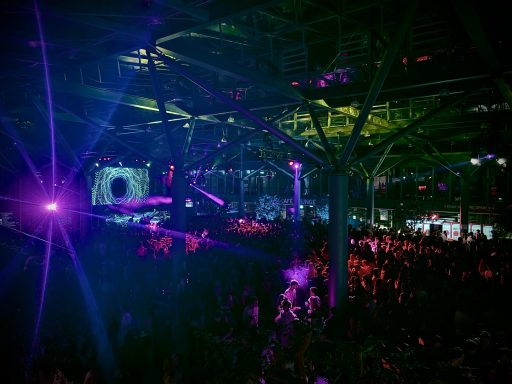 Dunkle Atmosphäre mit bunten Lichtern und einer tanzenden Menge.